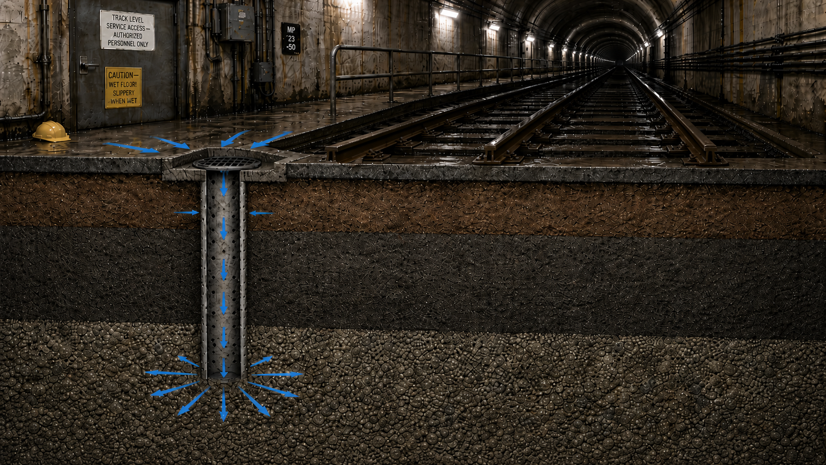 Cross-section illustration of a perforated relief shaft drilled through impermeable clay layers in a transit corridor, with water flowing in through the perforations and dispersing into the porous strata below.