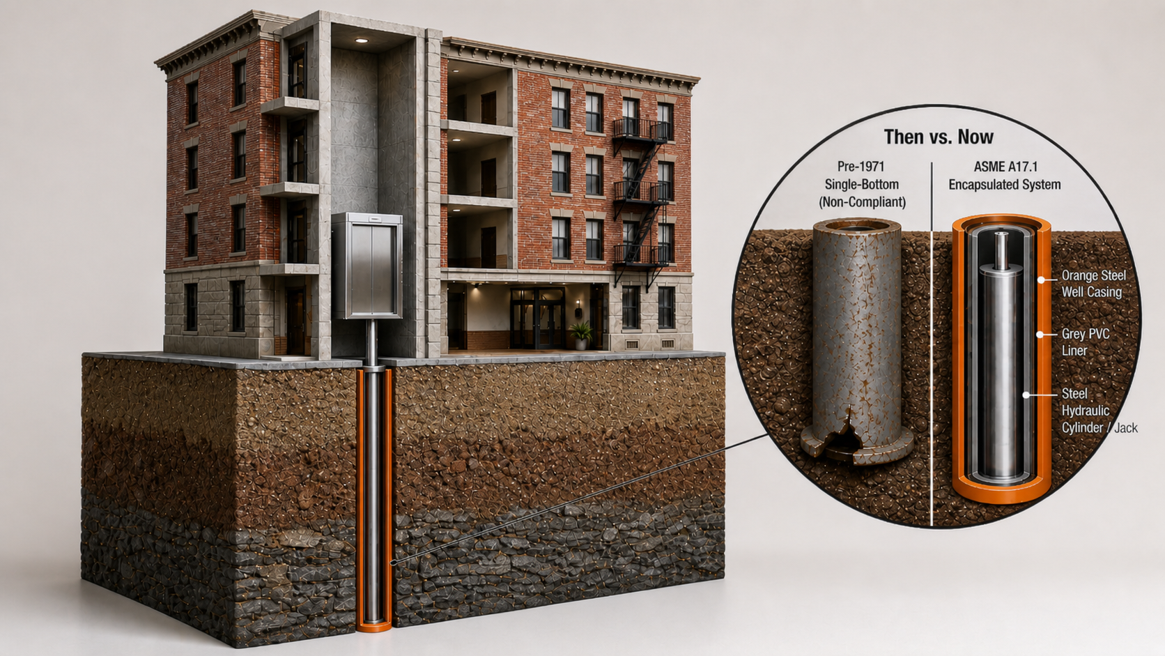 Cutaway illustration of a multi-story residential building with its elevator shaft revealed, showing a freshly drilled bore beneath the existing pit, with a technical inset comparing a corroded pre-1971 single-bottom hydraulic cylinder to a modern ASME A17.1 Encapsulated System.