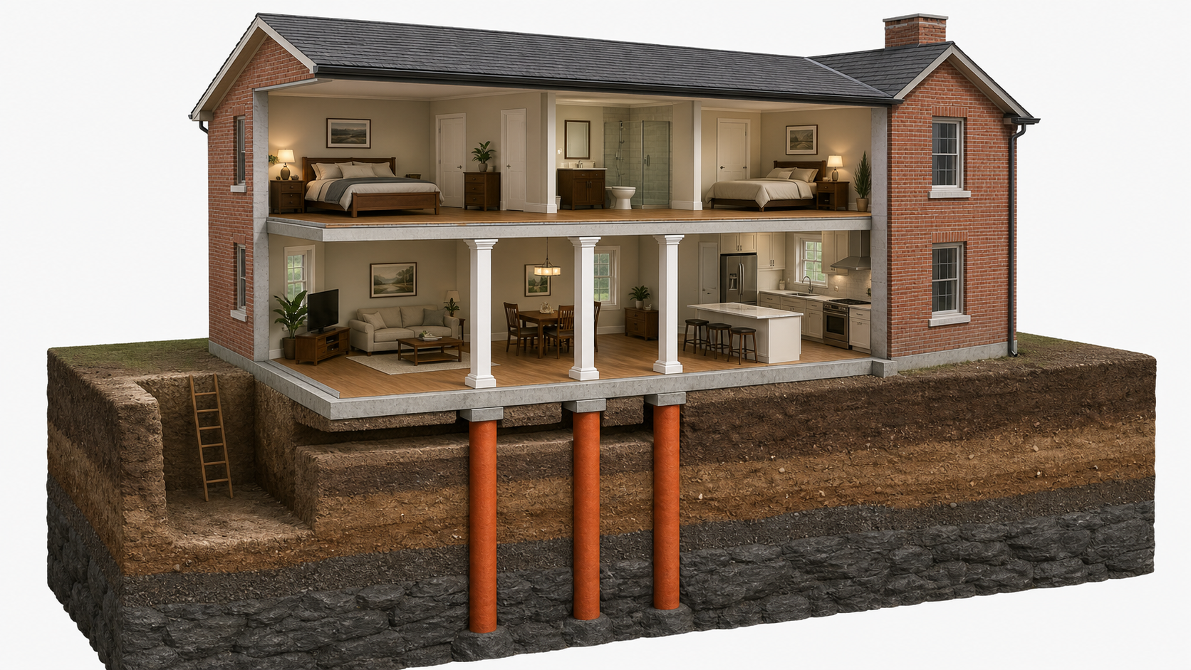 Cutaway illustration showing micropiles installed directly beneath interior load-bearing structure of a zero-lot-line urban building, accessed from inside the basement.